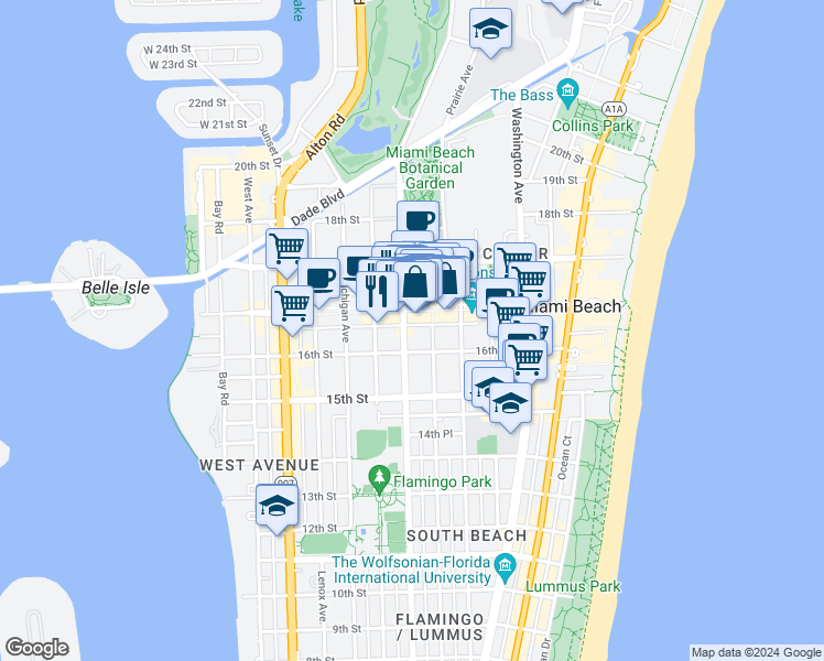 map of restaurants, bars, coffee shops, grocery stores, and more near 1611 Meridian Avenue in Miami Beach