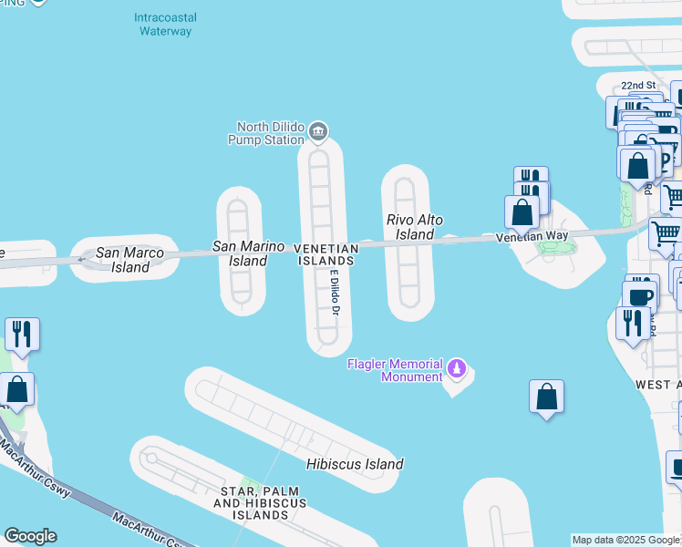 map of restaurants, bars, coffee shops, grocery stores, and more near 310 East Dilido Drive in Miami Beach