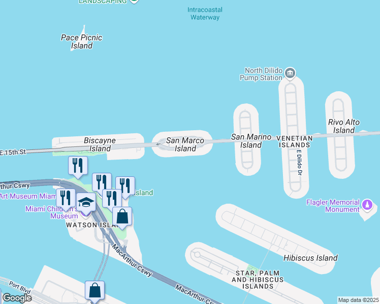 map of restaurants, bars, coffee shops, grocery stores, and more near 1374b South Venetian Way in Miami Beach