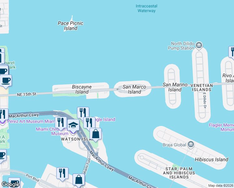 map of restaurants, bars, coffee shops, grocery stores, and more near 1230 South Venetian Way in Miami Beach