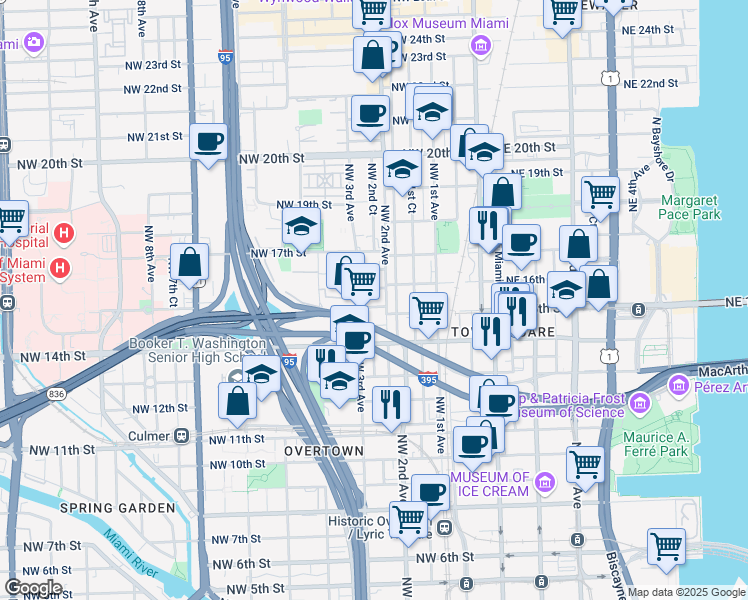 map of restaurants, bars, coffee shops, grocery stores, and more near 212 Northwest 15th Street in Miami