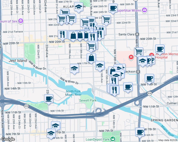 map of restaurants, bars, coffee shops, grocery stores, and more near 1764 Northwest 16th Street in Miami