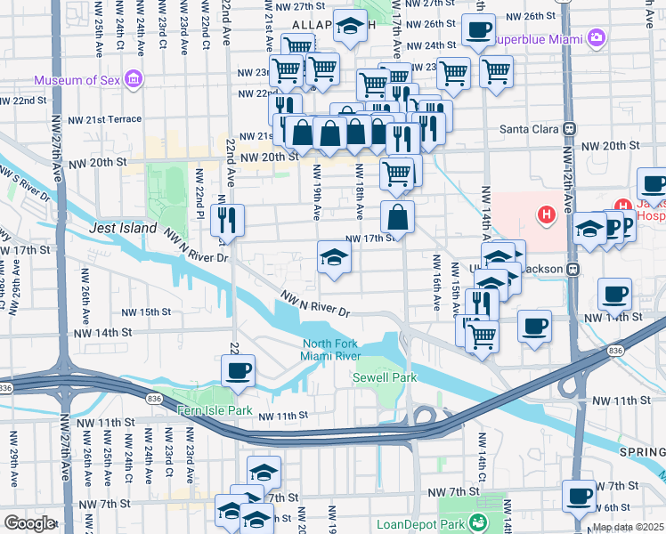 map of restaurants, bars, coffee shops, grocery stores, and more near in Miami