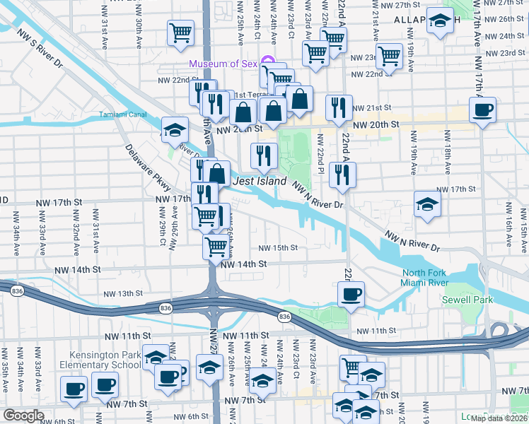 map of restaurants, bars, coffee shops, grocery stores, and more near 2415 Northwest 16th Street Road in Miami