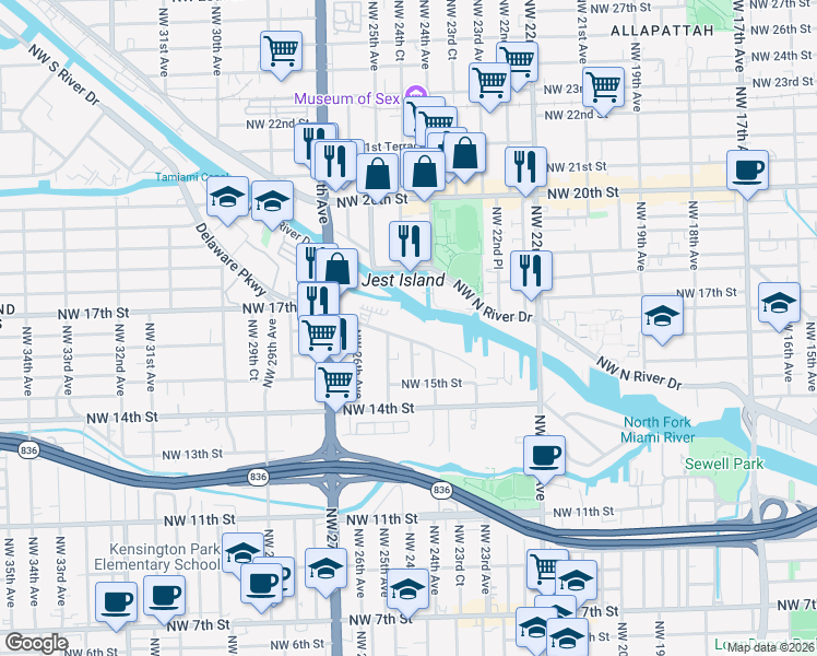 map of restaurants, bars, coffee shops, grocery stores, and more near 2415 Northwest 16th Street Road in Miami