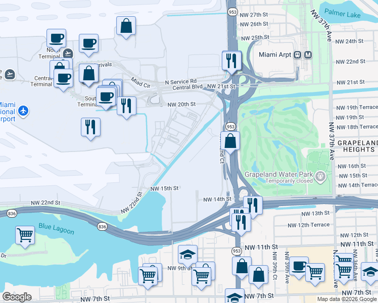 map of restaurants, bars, coffee shops, grocery stores, and more near 4335 NW South Tamiami Canal Dr in Miami