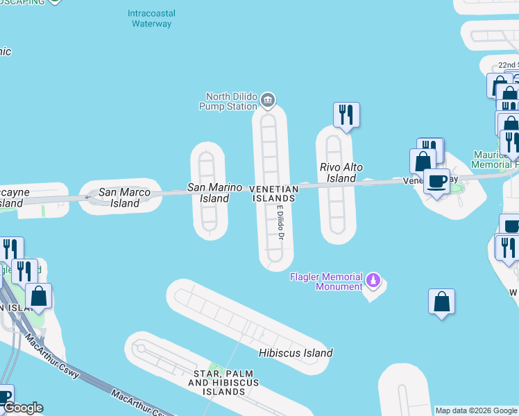 map of restaurants, bars, coffee shops, grocery stores, and more near 310 West Dilido Drive in Miami Beach