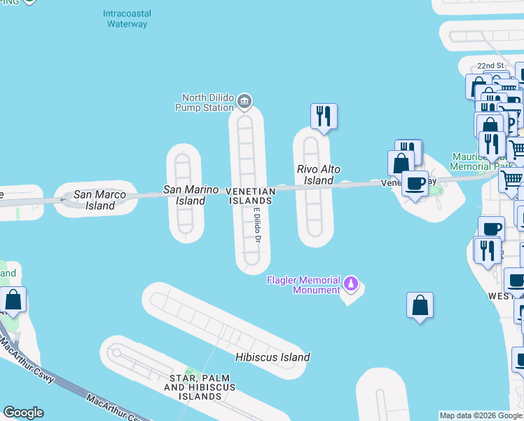 map of restaurants, bars, coffee shops, grocery stores, and more near 310 East Dilido Drive in Miami Beach