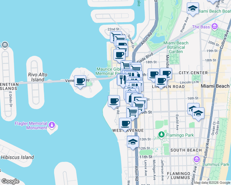 map of restaurants, bars, coffee shops, grocery stores, and more near 1621 Bay Road in Miami Beach