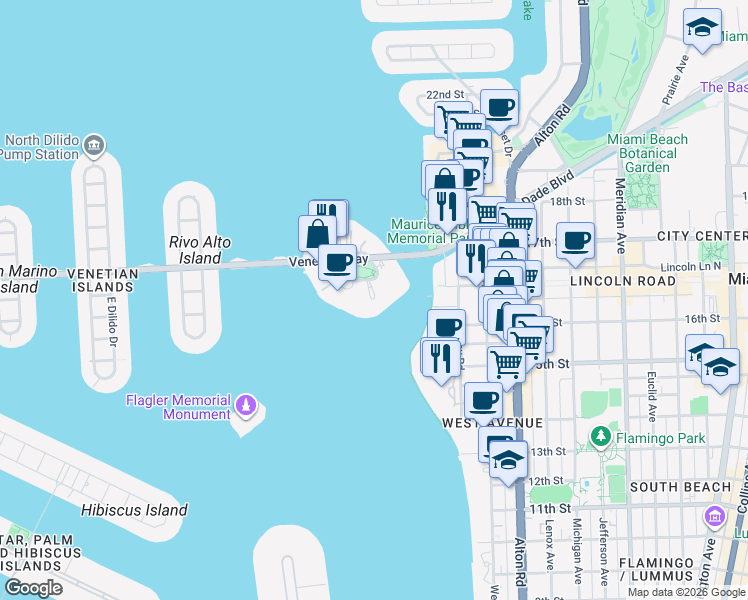 map of restaurants, bars, coffee shops, grocery stores, and more near 16 Island Avenue in Miami Beach