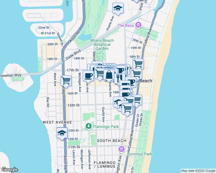 map of restaurants, bars, coffee shops, grocery stores, and more near 1612 Pennsylvania Avenue in Miami Beach