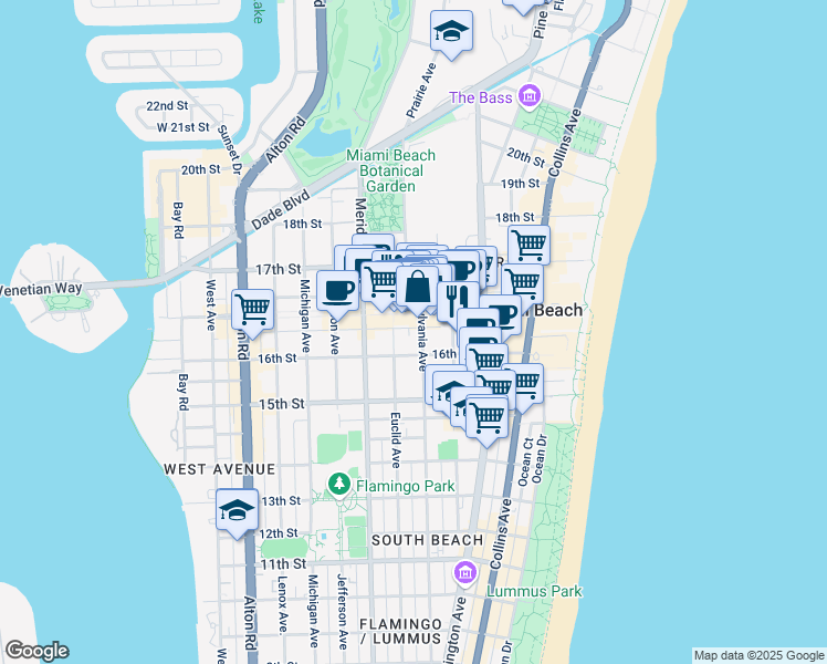 map of restaurants, bars, coffee shops, grocery stores, and more near 1620 Pennsylvania Avenue in Miami Beach