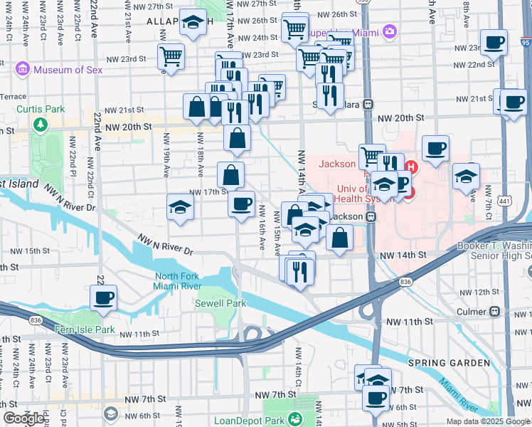 map of restaurants, bars, coffee shops, grocery stores, and more near 1603 Northwest 16th Avenue in Miami