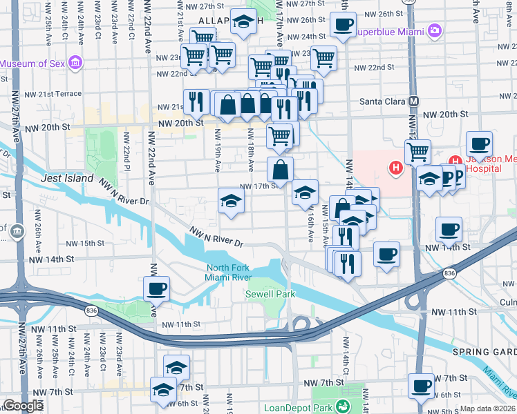 map of restaurants, bars, coffee shops, grocery stores, and more near 1764 Northwest 16th Street in Miami