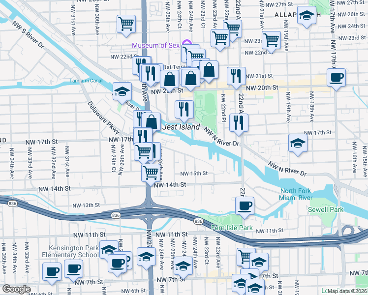 map of restaurants, bars, coffee shops, grocery stores, and more near 2415 Northwest 16th Street Road in Miami