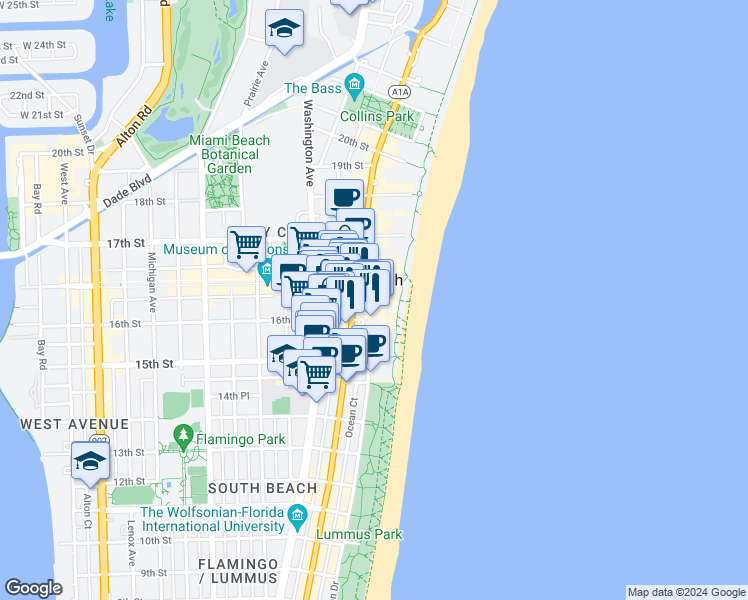map of restaurants, bars, coffee shops, grocery stores, and more near in Miami Beach