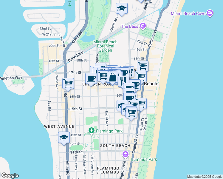 map of restaurants, bars, coffee shops, grocery stores, and more near 1612 Pennsylvania Avenue in Miami Beach