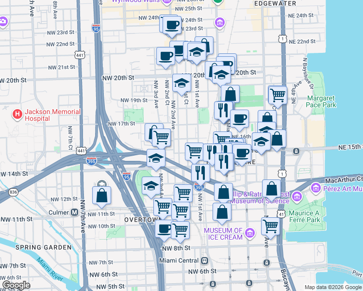 map of restaurants, bars, coffee shops, grocery stores, and more near 139 Northwest 15th Street in Miami