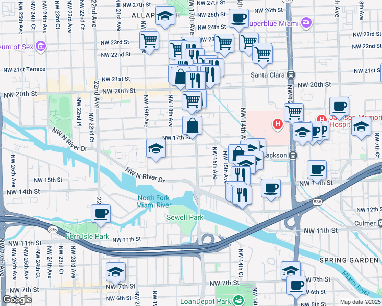 map of restaurants, bars, coffee shops, grocery stores, and more near 1595 Northwest 17th Avenue in Miami