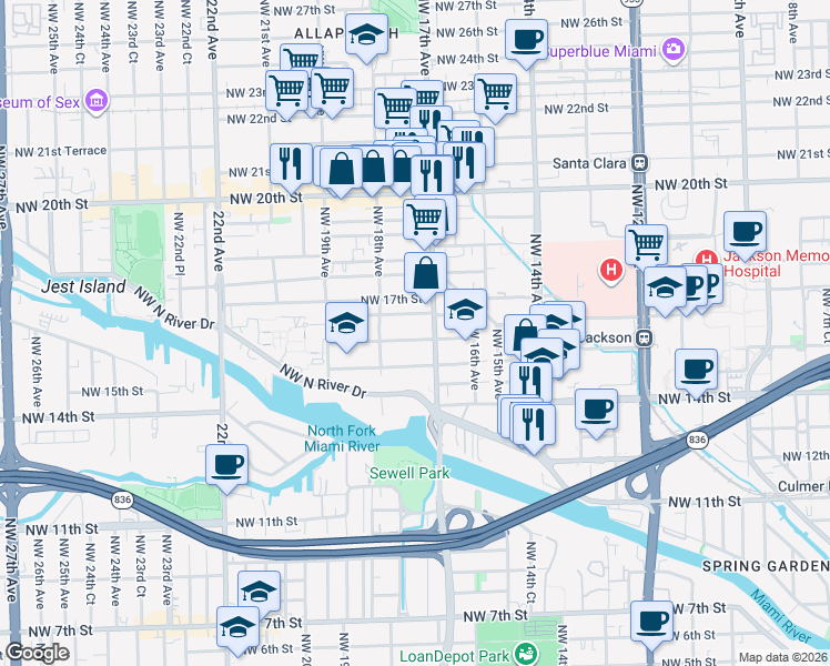 map of restaurants, bars, coffee shops, grocery stores, and more near 1764 Northwest 16th Street in Miami