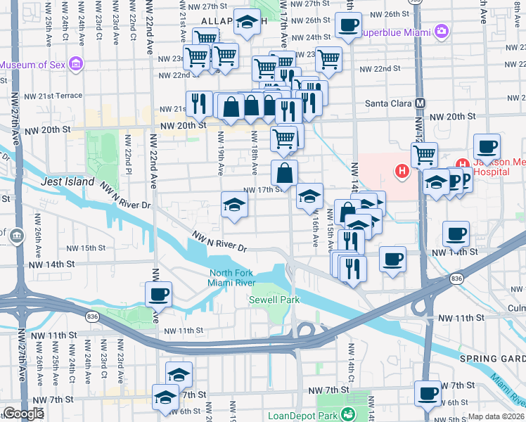 map of restaurants, bars, coffee shops, grocery stores, and more near 1764 Northwest 16th Street in Miami