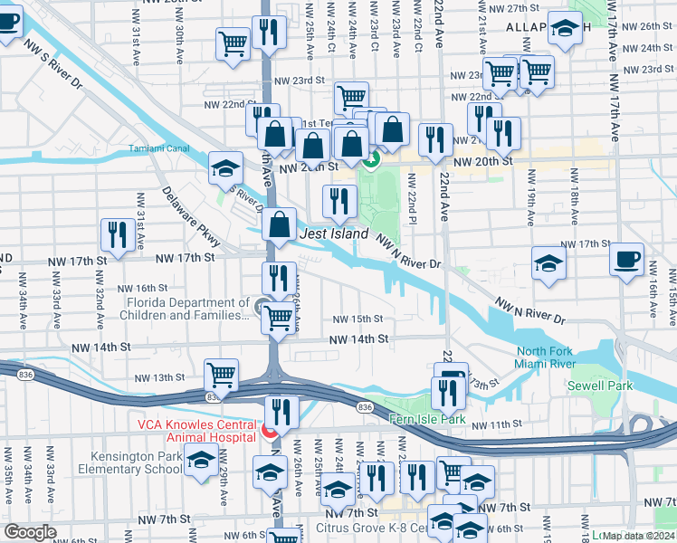map of restaurants, bars, coffee shops, grocery stores, and more near 2415 Northwest 16th Street Road in Miami