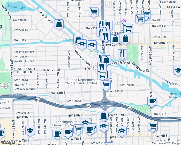 map of restaurants, bars, coffee shops, grocery stores, and more near 1627 Northwest 29th Court in Miami