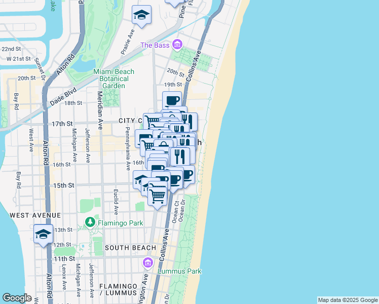 map of restaurants, bars, coffee shops, grocery stores, and more near 1621 Collins Avenue in Miami Beach