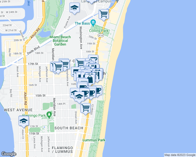 map of restaurants, bars, coffee shops, grocery stores, and more near 1601 Collins Avenue in Miami Beach
