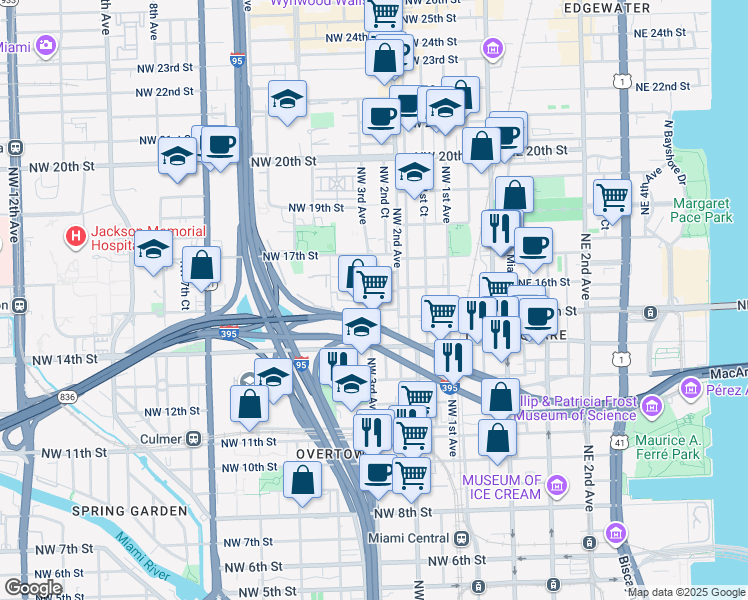 map of restaurants, bars, coffee shops, grocery stores, and more near 1490 Northwest 3rd Avenue in Miami