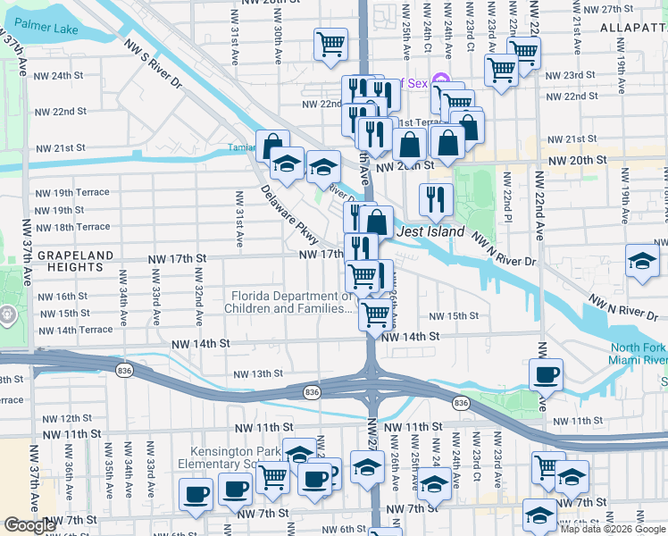 map of restaurants, bars, coffee shops, grocery stores, and more near 1629 Northwest 28th Avenue in Miami