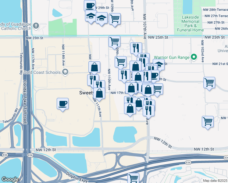map of restaurants, bars, coffee shops, grocery stores, and more near 1701 Northwest 17th Street in Doral