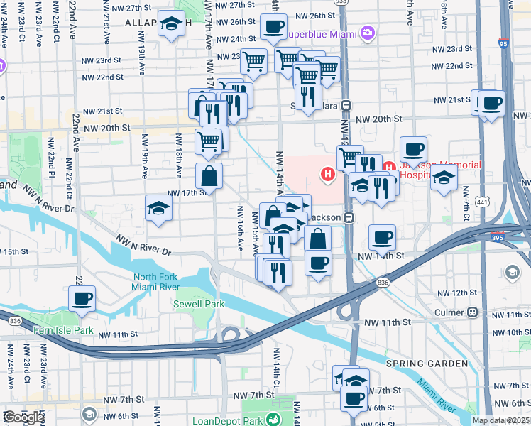 map of restaurants, bars, coffee shops, grocery stores, and more near 1540 Northwest 15th Street Road in Miami