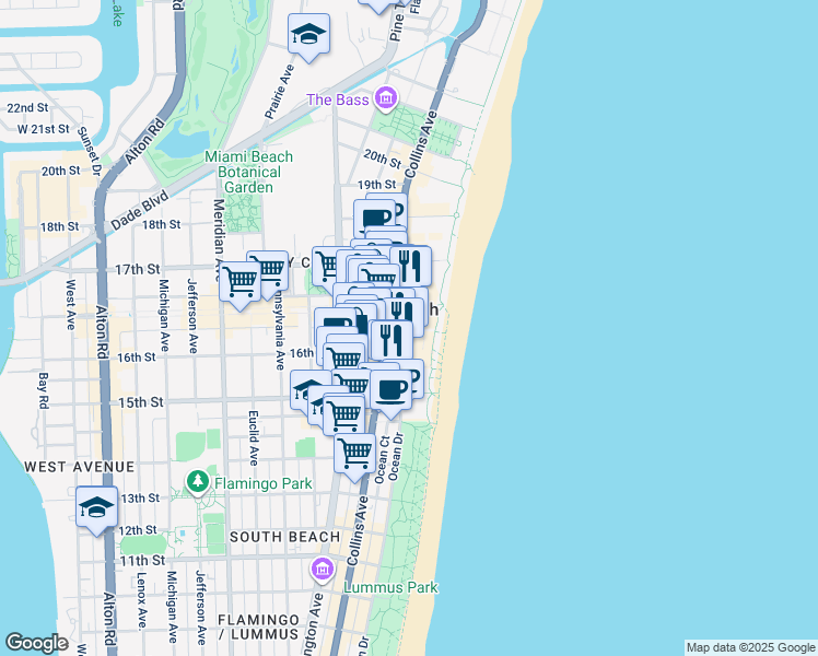 map of restaurants, bars, coffee shops, grocery stores, and more near 1601 Collins Avenue in Miami Beach