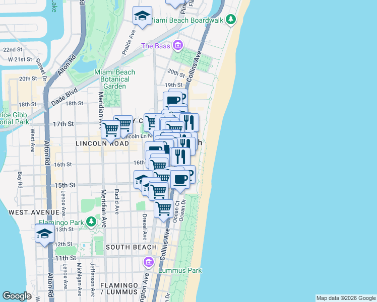 map of restaurants, bars, coffee shops, grocery stores, and more near 1601 Collins Avenue in Miami Beach