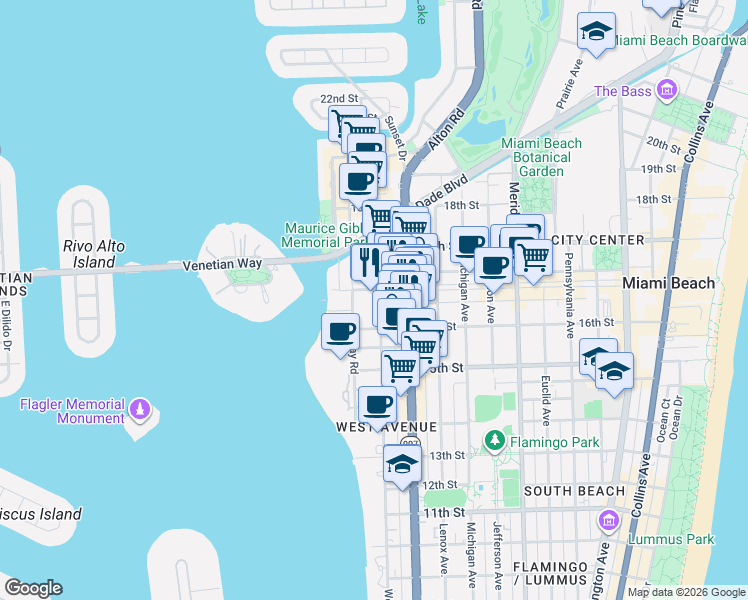 map of restaurants, bars, coffee shops, grocery stores, and more near 1615 West Avenue in Miami Beach