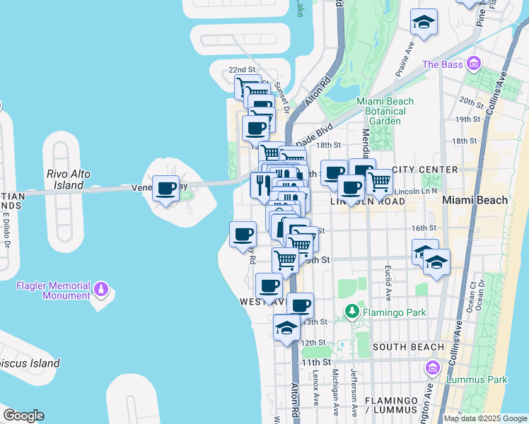 map of restaurants, bars, coffee shops, grocery stores, and more near 1621 Bay Road in Miami Beach