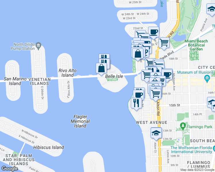 map of restaurants, bars, coffee shops, grocery stores, and more near 11 Island Avenue in Miami Beach