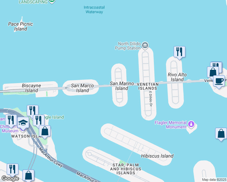 map of restaurants, bars, coffee shops, grocery stores, and more near 114-2 East San Marino Drive in Miami Beach