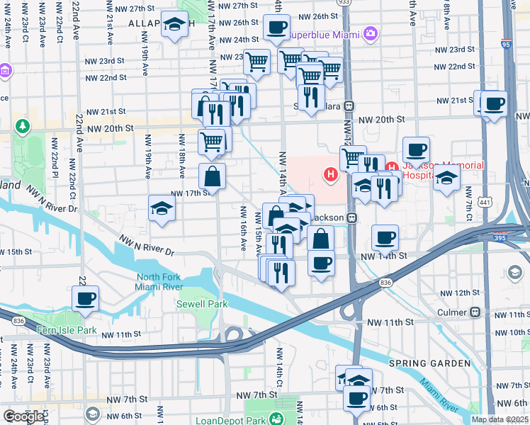 map of restaurants, bars, coffee shops, grocery stores, and more near 1540 Northwest 15th Street Road in Miami