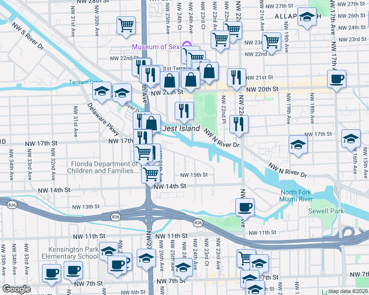 map of restaurants, bars, coffee shops, grocery stores, and more near 2415 Northwest 16th Street Road in Miami