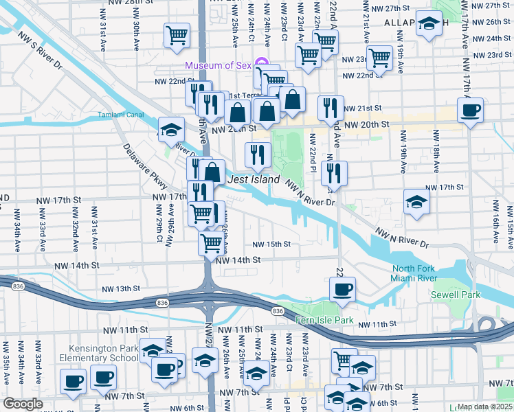 map of restaurants, bars, coffee shops, grocery stores, and more near 2415 Northwest 16th Street Road in Miami
