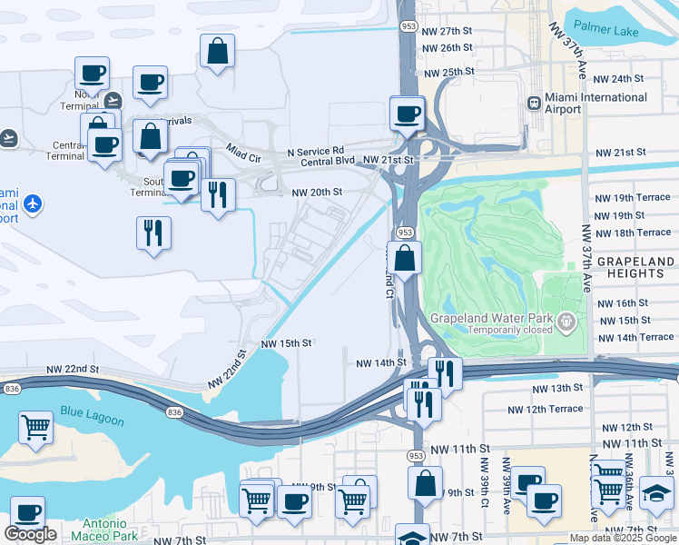 map of restaurants, bars, coffee shops, grocery stores, and more near 4335 NW South Tamiami Canal Dr in Miami