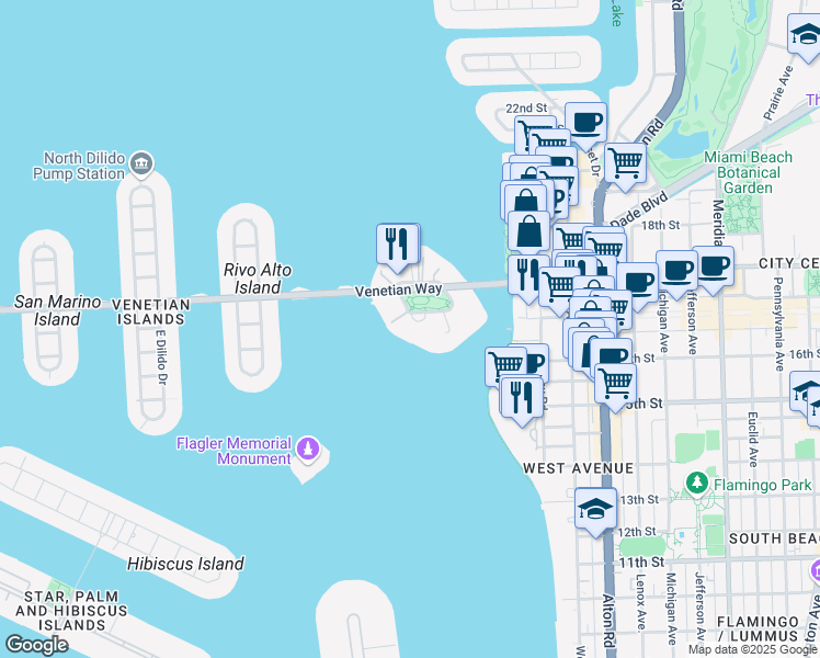 map of restaurants, bars, coffee shops, grocery stores, and more near 9 Island Avenue in Miami Beach