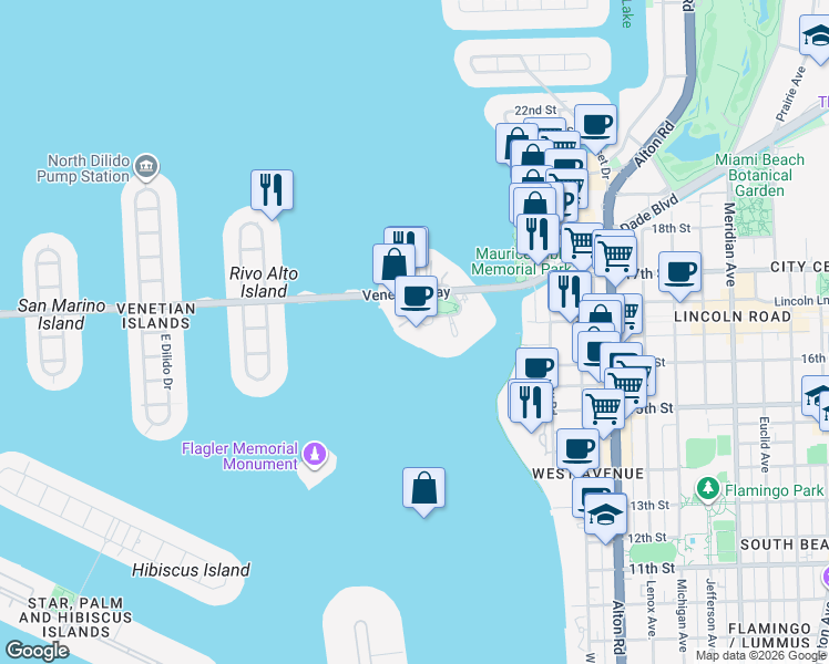 map of restaurants, bars, coffee shops, grocery stores, and more near 9 Island Avenue in Miami Beach