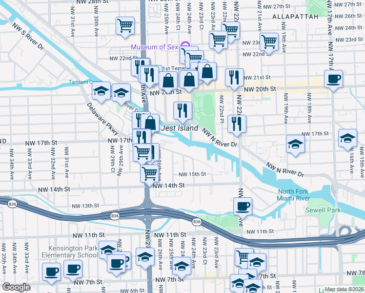 map of restaurants, bars, coffee shops, grocery stores, and more near 2415 Northwest 16th Street Road in Miami