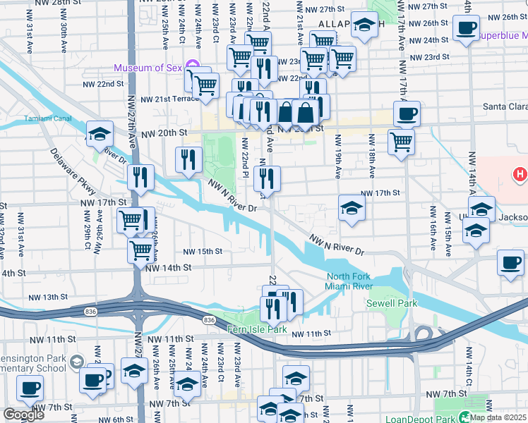 map of restaurants, bars, coffee shops, grocery stores, and more near 1632 Northwest 22nd Avenue in Miami
