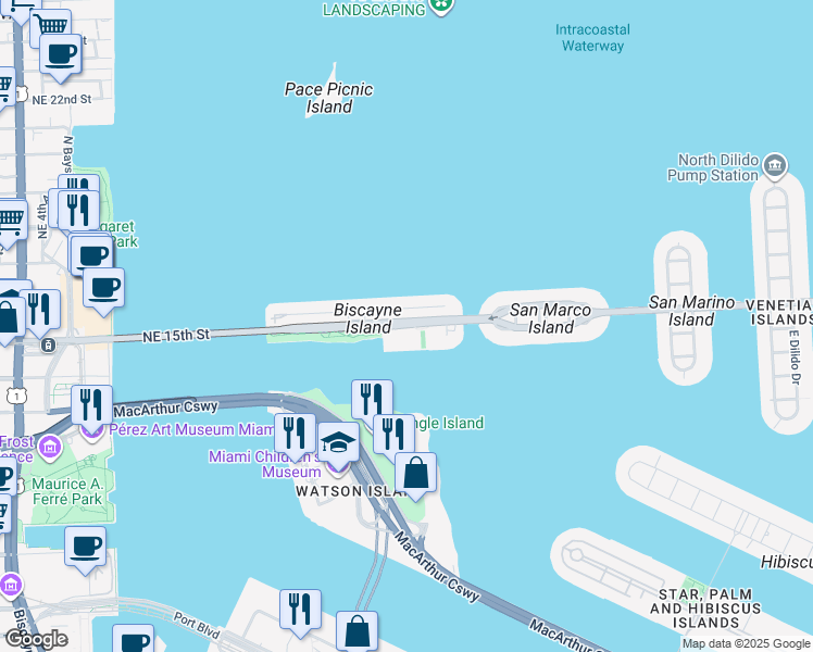 map of restaurants, bars, coffee shops, grocery stores, and more near 1100 Venetian Causeway in Miami Beach