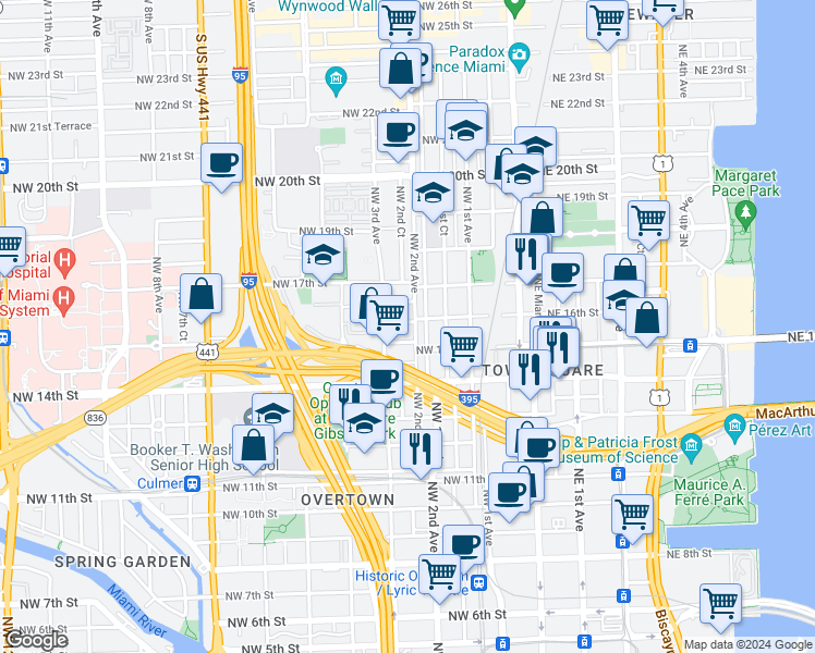 map of restaurants, bars, coffee shops, grocery stores, and more near 212 Northwest 15th Street in Miami