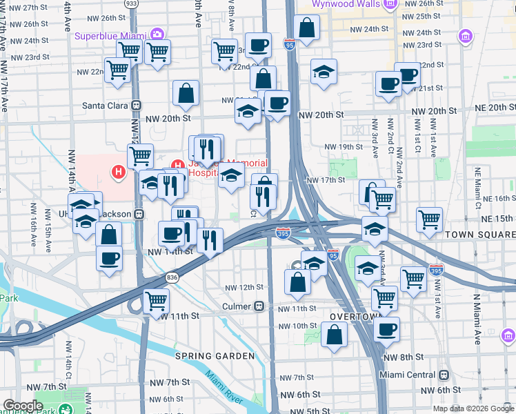 map of restaurants, bars, coffee shops, grocery stores, and more near 12 Northwest 15th Street in Miami